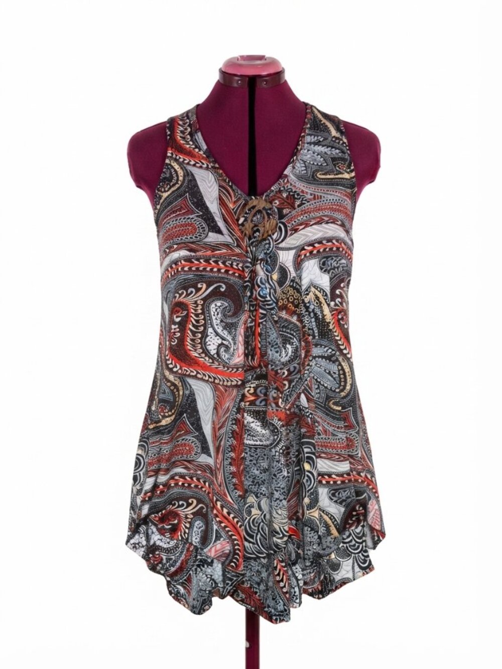 VINTAGE - Boho Paisley Ring-Detail Sleeveless Tunic Top / Mini Dress - Medium